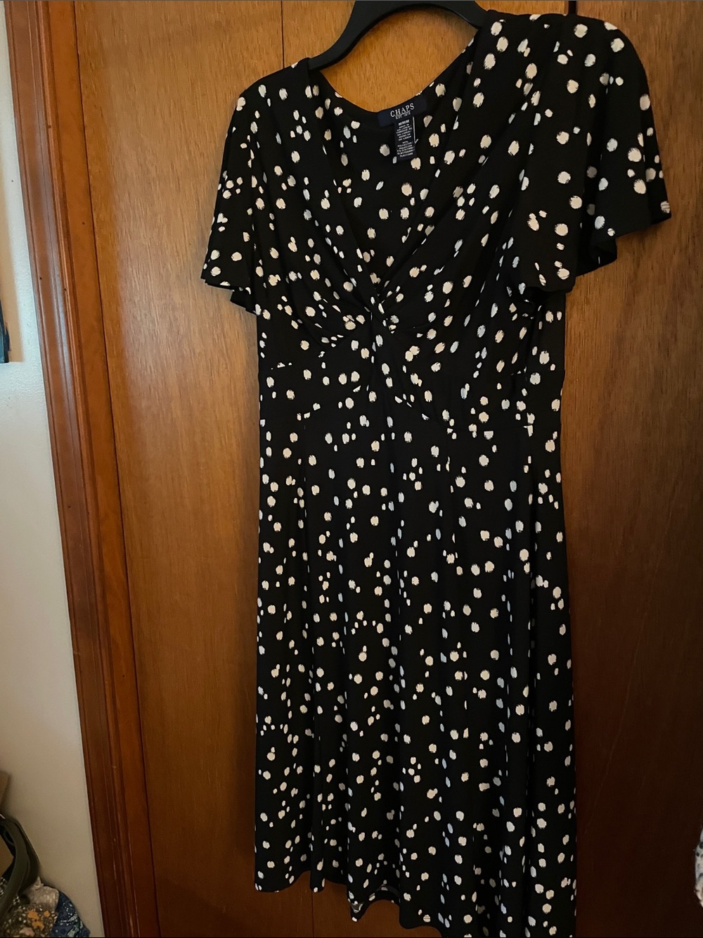 Chaps Black Dress with White Polka Dot Print and Twist Front